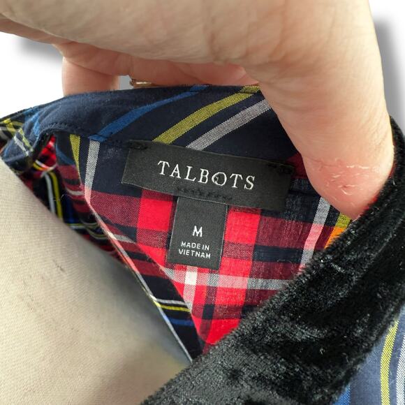 Talbots Plaid Top Size Medium Red Blue Tartan Popover Blouse Velvet Trim Holiday - Picture 8 of 8